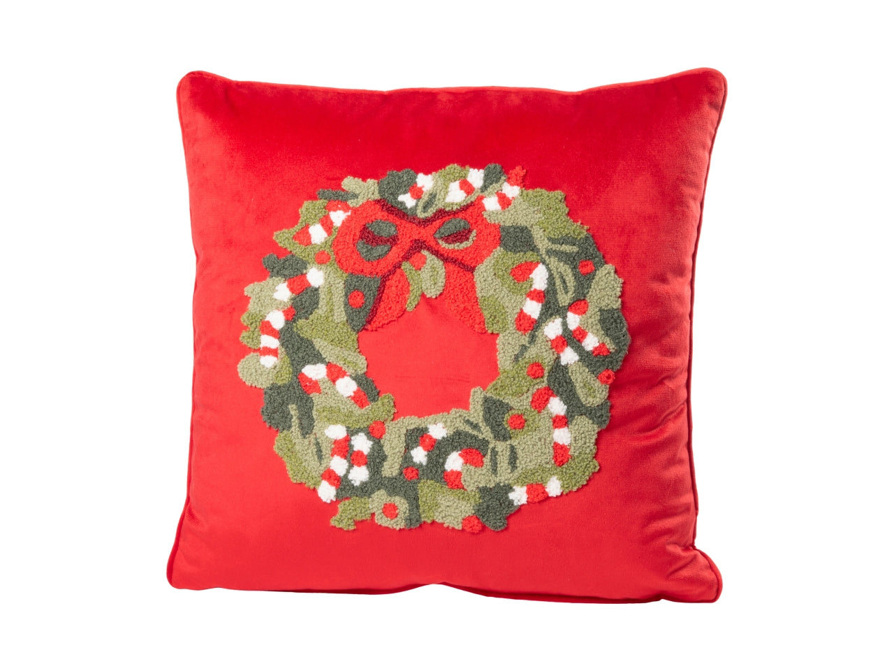 Cuscino 45x45cm in velluto con decoro ghirlanda rosso