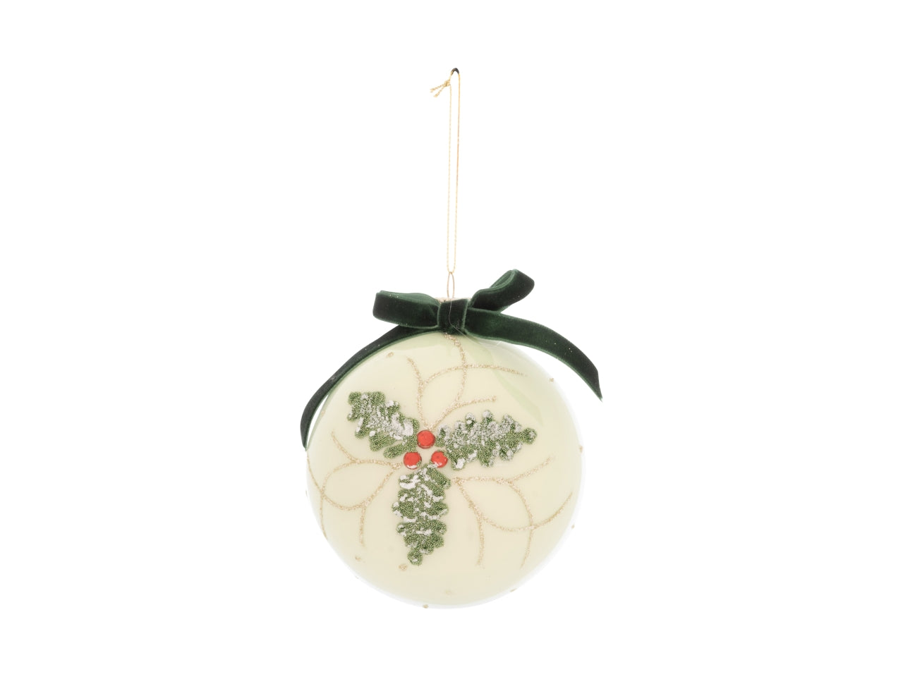 Palla 12cm in vetro con decoro agrifoglio verde