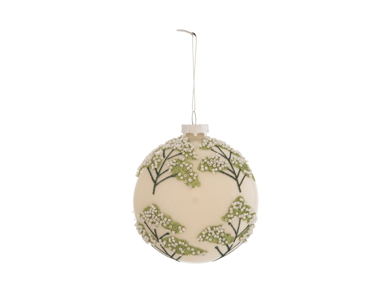 Palla 12cm in vetro con decoro foglie avorio
