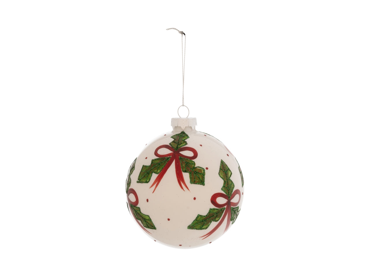Palla 10cm in vetro con decoro agrifoglio bianco