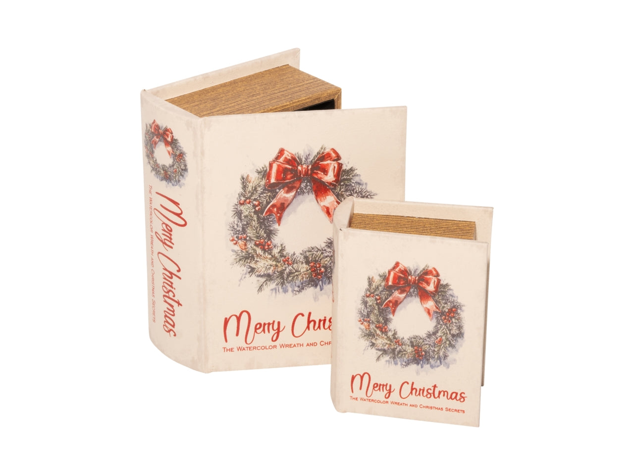 Set 2 pezzi scatola libro in legno con ghirlanda