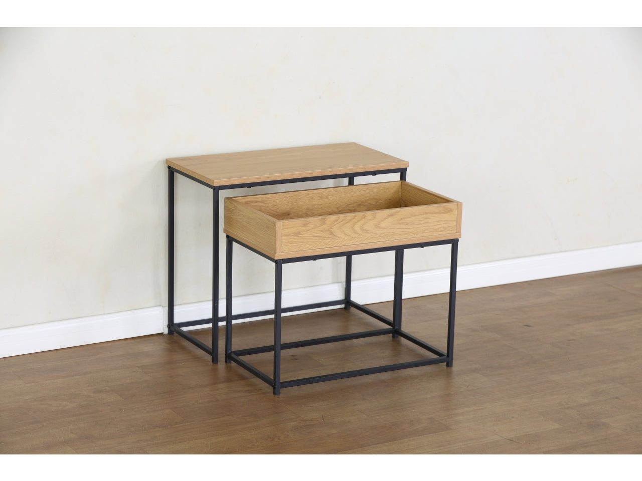 Tavolino leonardo modern oak 60x30x50/55x30x45cm melamina set da 2 tavolini