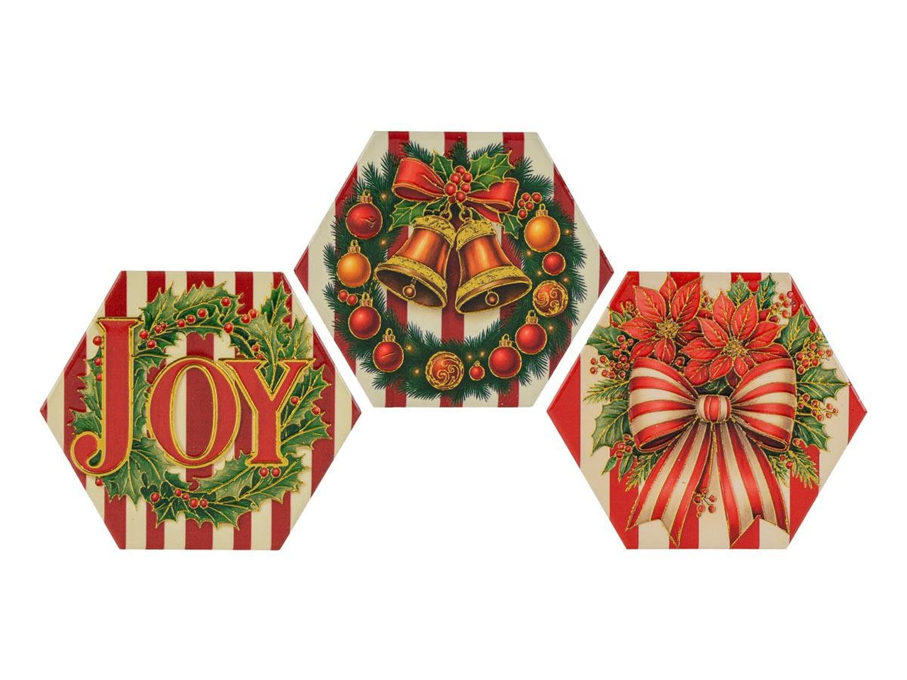 Sottobicchieri natalizi set 3 pezzi esagonali 11x9,5cm in 3 assortimenti