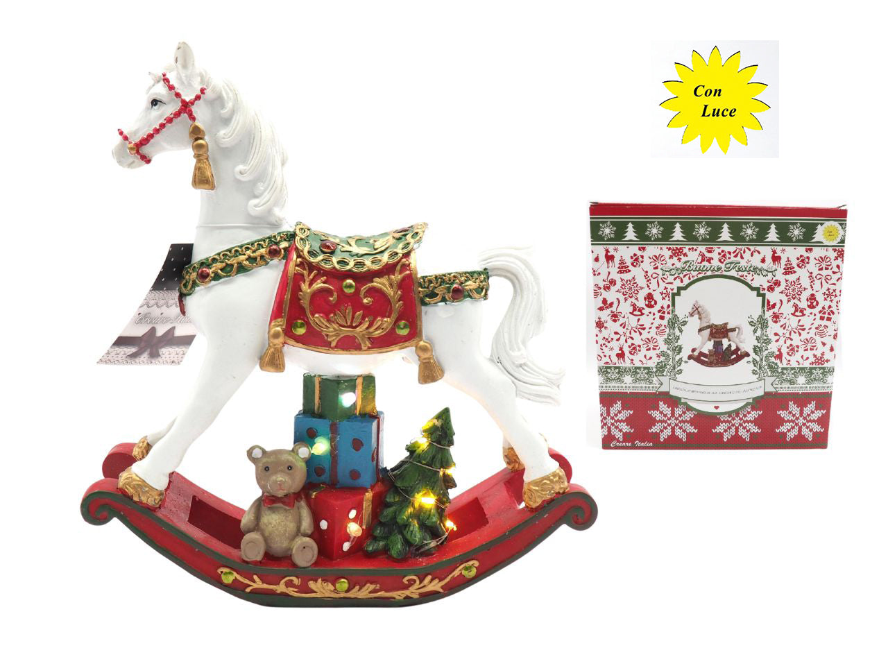 Cavallo a dondolo 25,5xh23,3cm in poliresina con pacchi regalo e luci