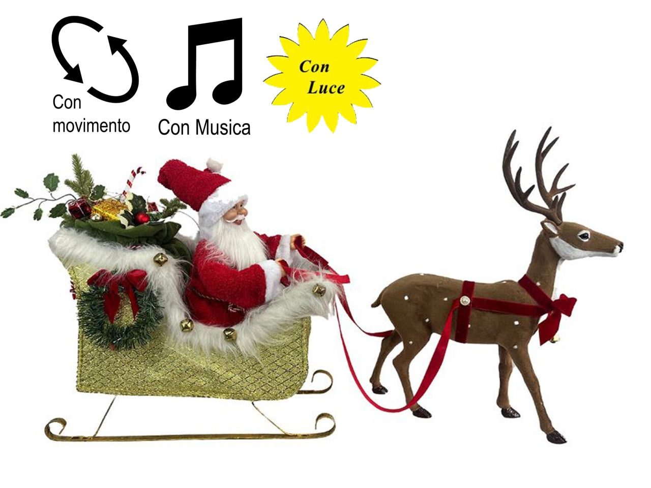 Babbo Natale 95xh.27cm con slitta, luci, suoni e movimento