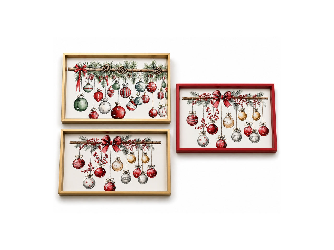 Vassoio in mdf rettangolare 34,8x20xh.4cm con palline e bordo oro, decori assortiti