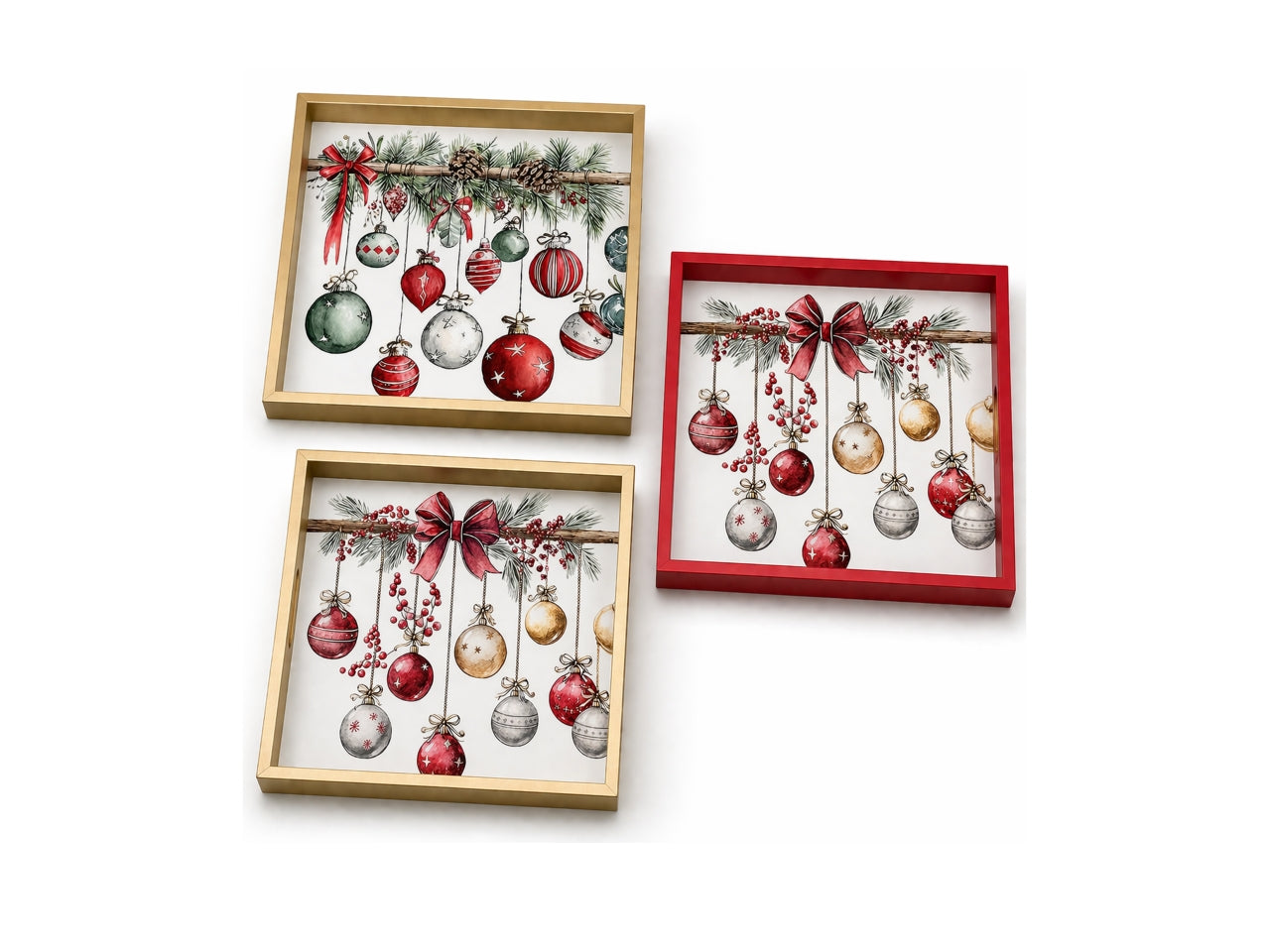 Vassoio in mdf quadrato 20x20xh.3cm con palline e bordo oro, decori assortiti