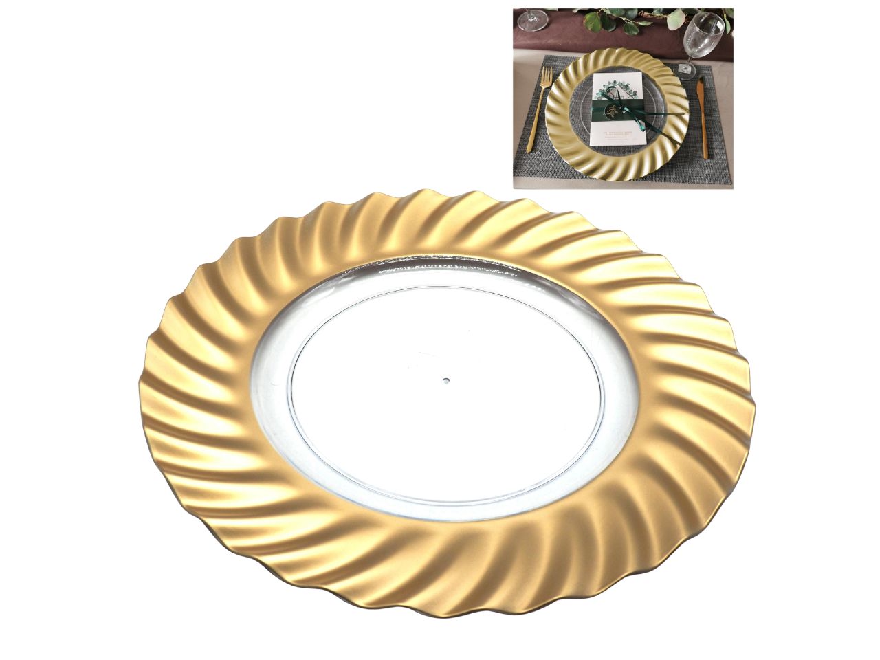 Piatto in plastica 33cm trasparente con bordo oro
