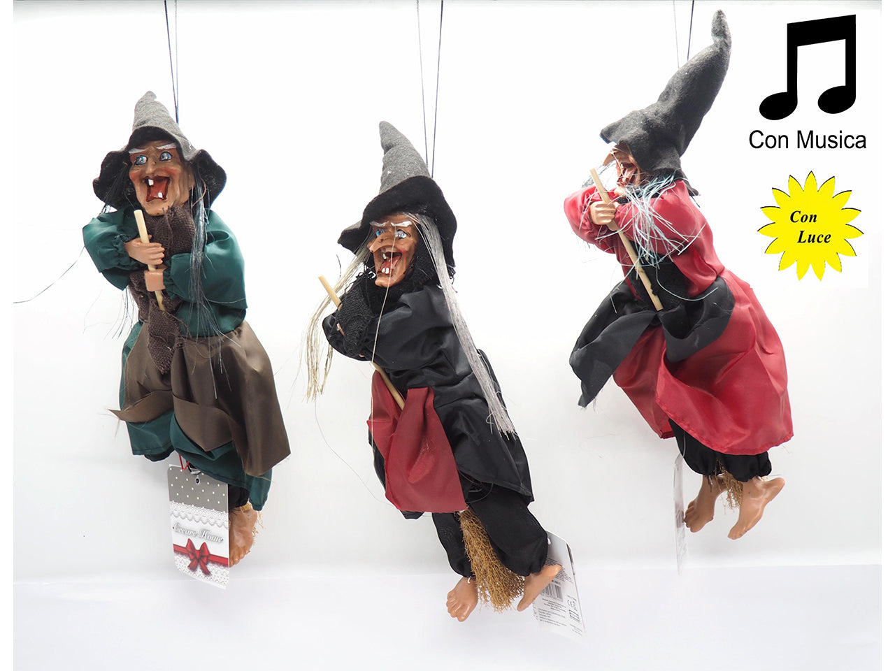 Befana volante 25cm con suono e luce, colori assortiti