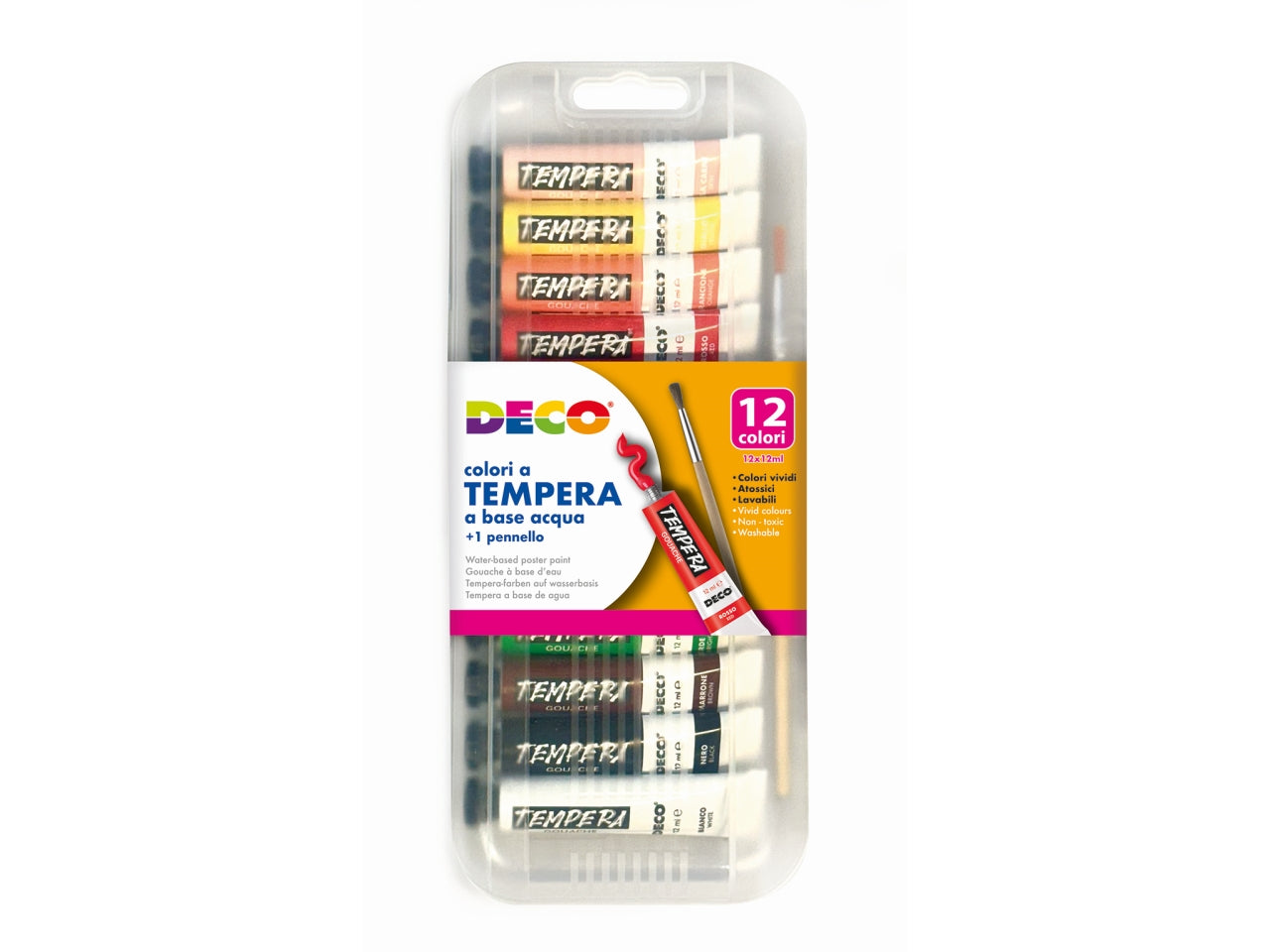 Tempera deco scatola plastica 12 tubetti 12ml colori assortiti