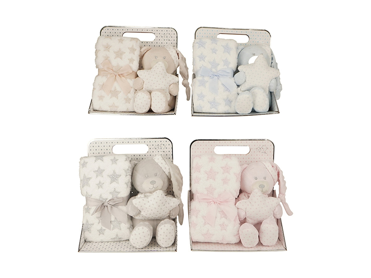Set plaid 75x100cm con orso peluche 20cm in 2 colori assortiti