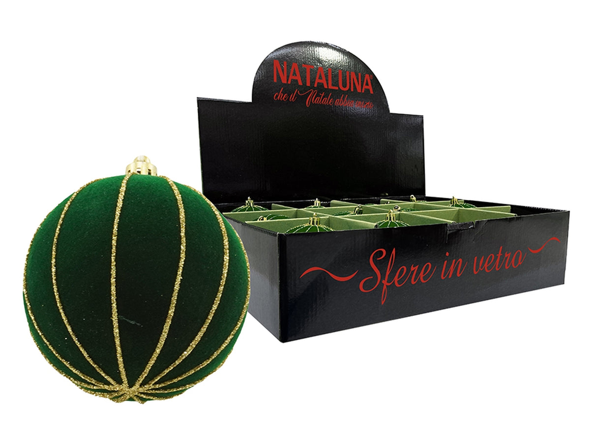 Sfera in vetro 10cm effetto velluto verde con spicchi oro