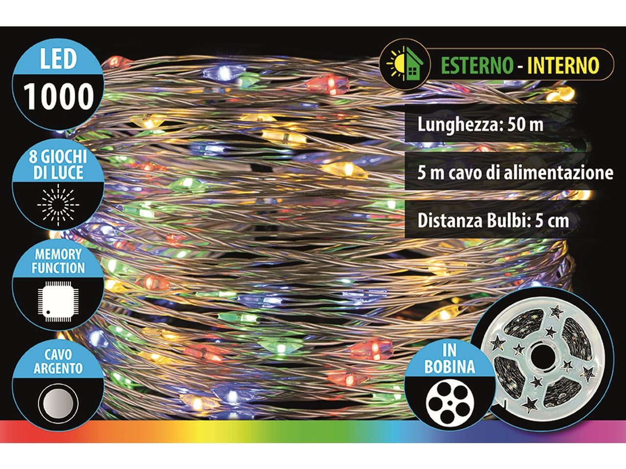 Catena lineare da 1000 microled multicolor, 50mt+5mt per uso interno ed esterno con 8 funzioni, cavo argento