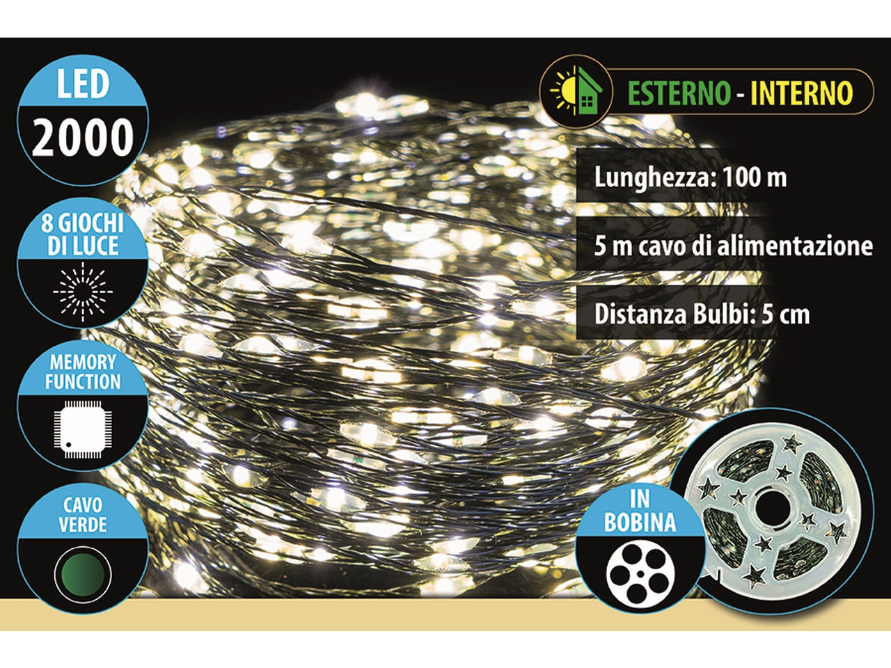 Catena lineare da 2000 microled bianco caldo in bobina da 100mt+5mt, 8 giochi di luce, filo verde per uso interno ed esterno