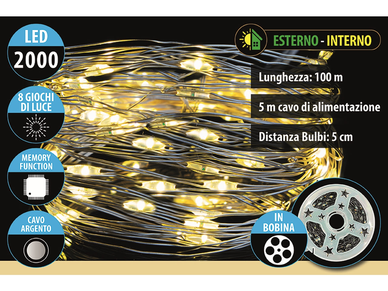 Catena lineare da 2000 microled bianco caldo in bobina da 100mt+5mt, 8 giochi di luce, filo argento per uso interno ed esterno
