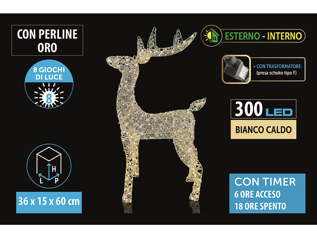 Renna luminosa in metallo 60cm con perline, 300 led bianco caldo con 8giochi di luce per uso interno ed esterno