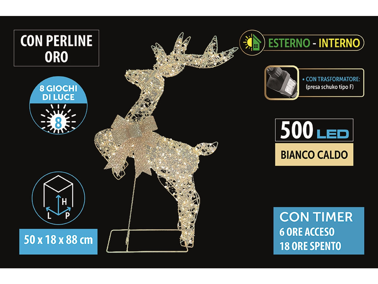 Renna luminosa in metallo maxi 88cm con perline, 500 led bianco caldo con 8giochi di luce per uso interno ed esterno