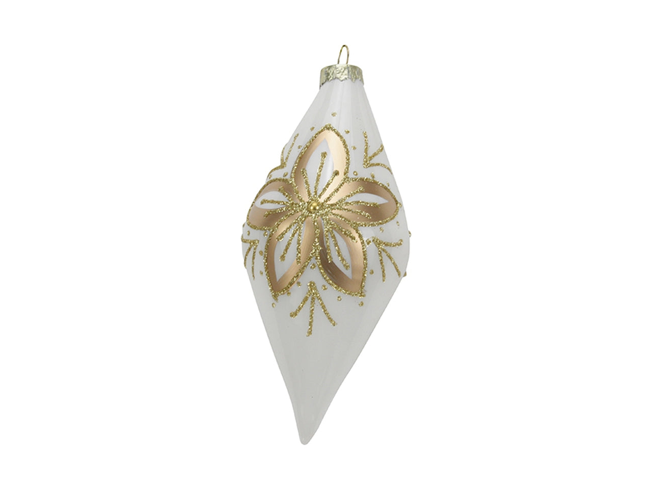 Palla a goccia in vetro 7x14cm bianco con fiore oro