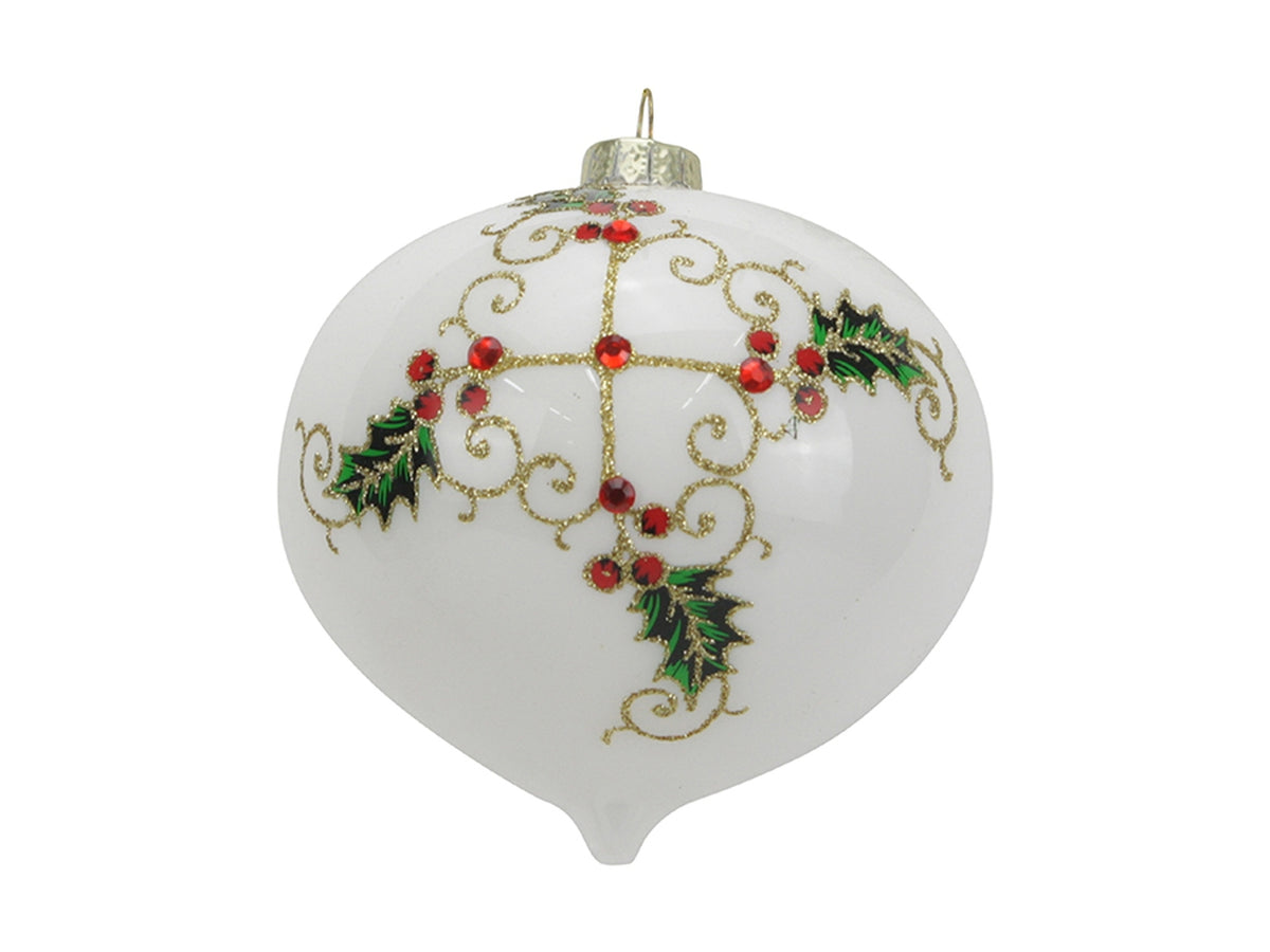 Palla cipolla in vetro 10cm bianco con agrifoglio