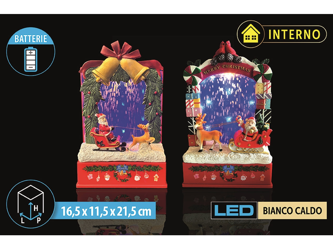 Palco 16,5x11,5x21,5cm con led e neve a batteria, in 2 assortimenti