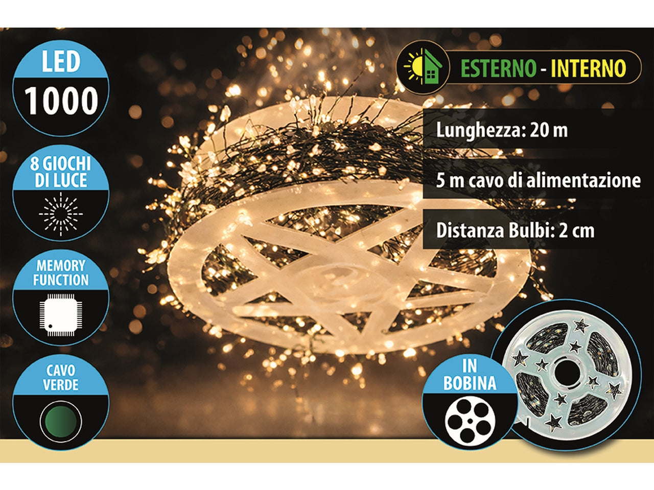 Luci a grappolo 1000 microled bianco caldo con 8 giochi di luce, cavo verde da 20+5mt per uso interno e esterno