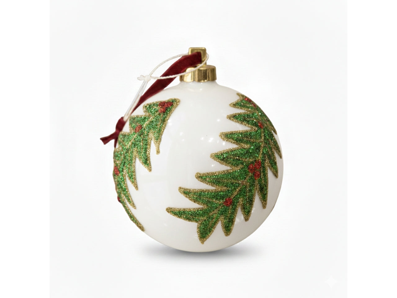Palline di natale 12cm con agrifoglio bianche, set da 2 pezzi