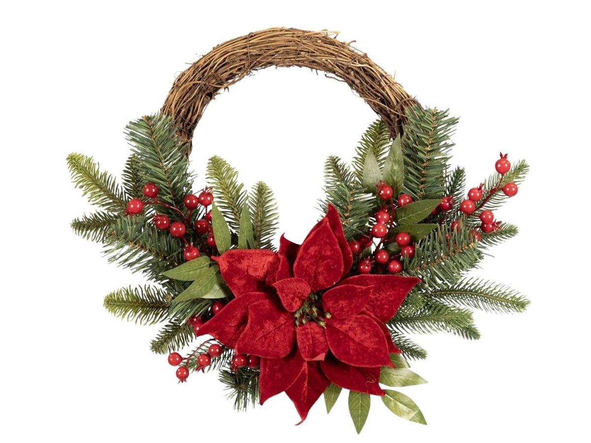 Dietroporta in rattan 45cm con bacche e stella di natale rossa