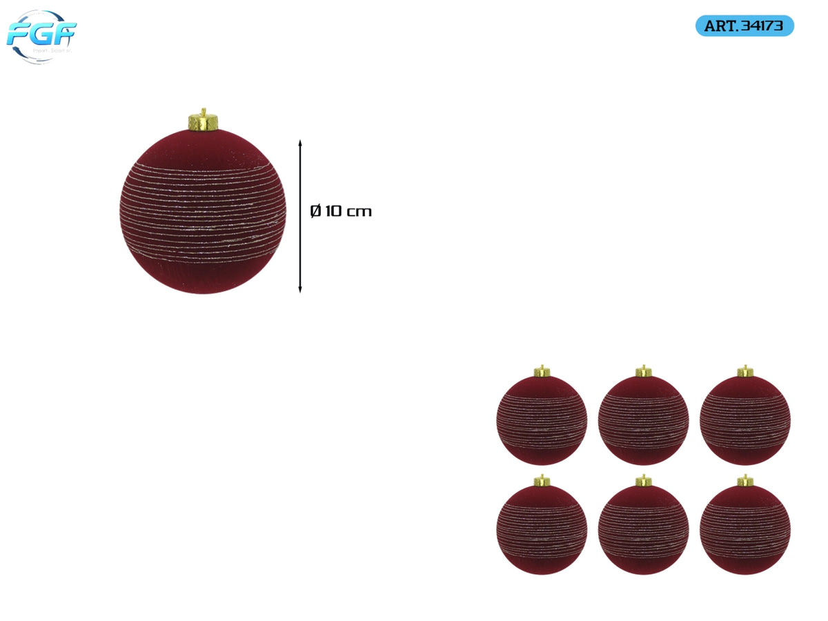 Palle 10cm in confezione da 6 pezzi, decorata in velluto bordeaux