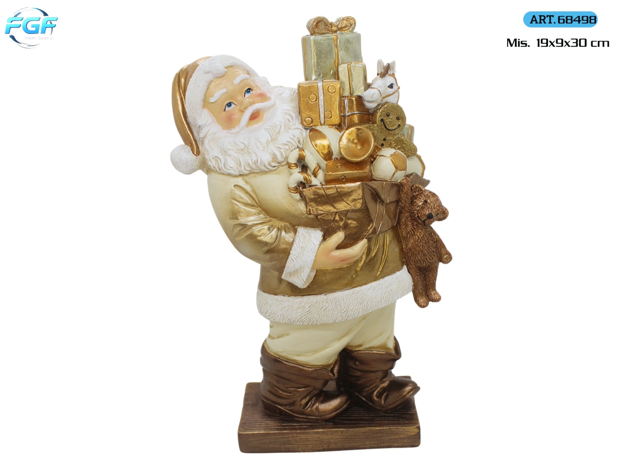 Babbo Natale 19x30cm con pacchi regalo in resina, colore oro