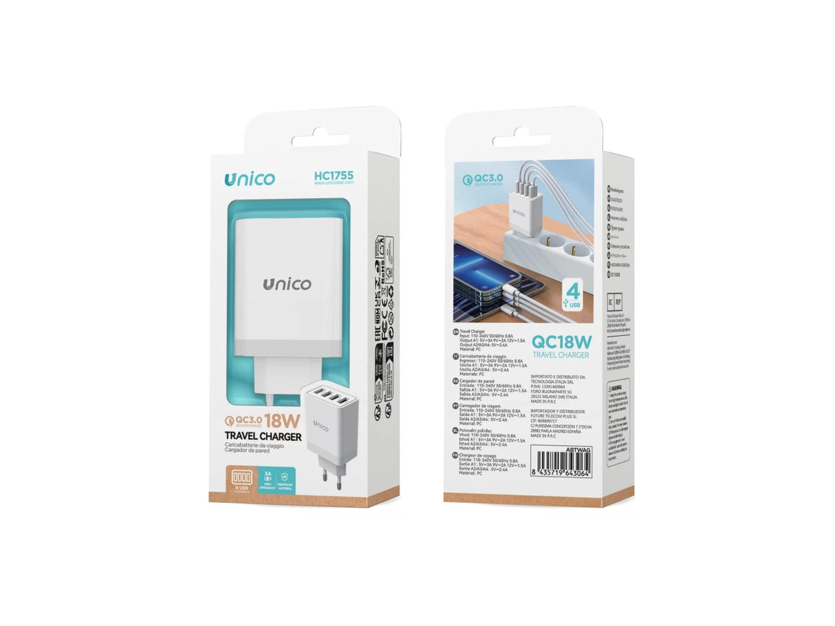 Caricatore DA viaggio 4porte 4x USB-A qc18w bianco