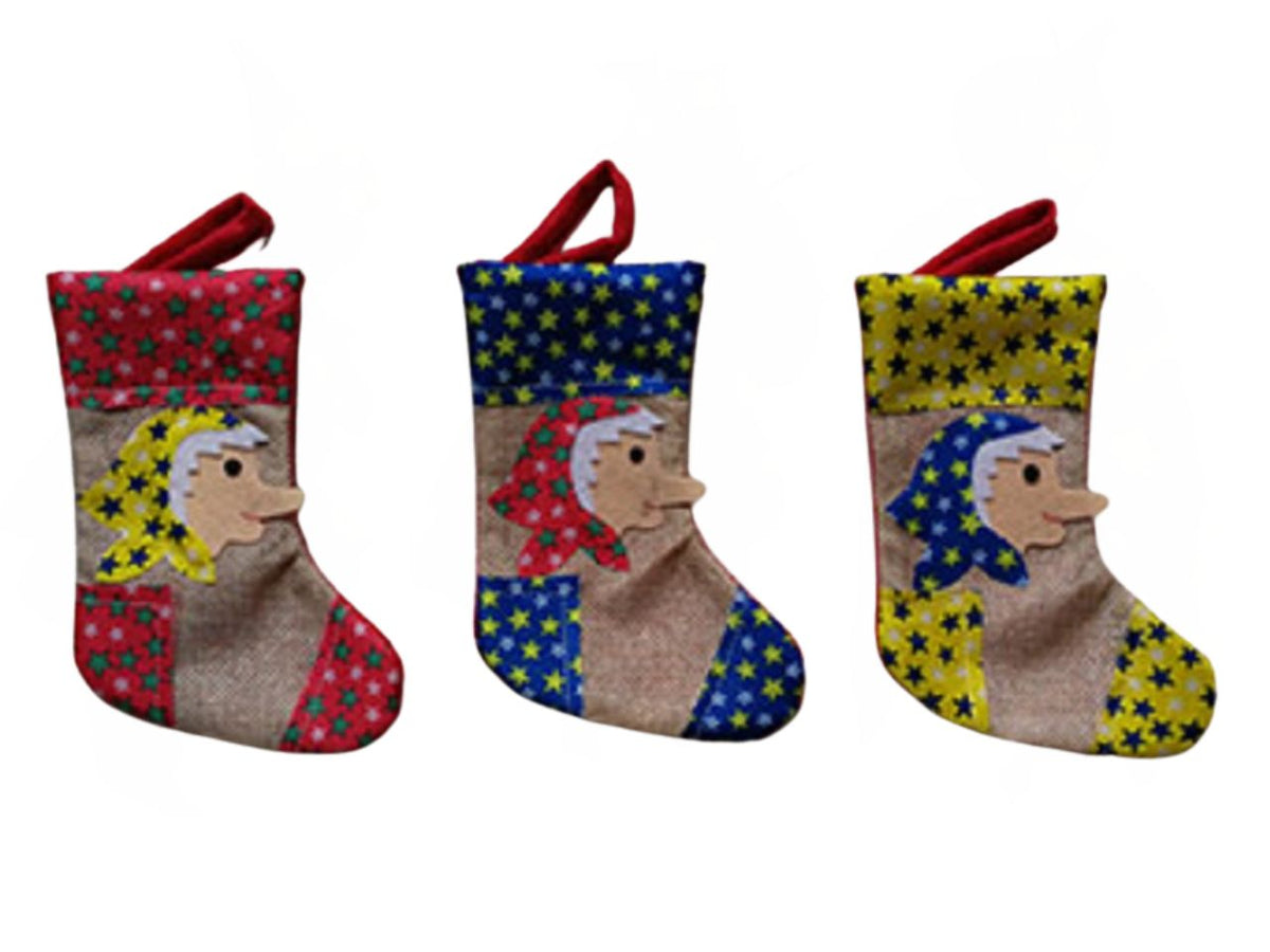 Caza Giulia 18cm in juta con faccia della befana applicata, colori assortiti