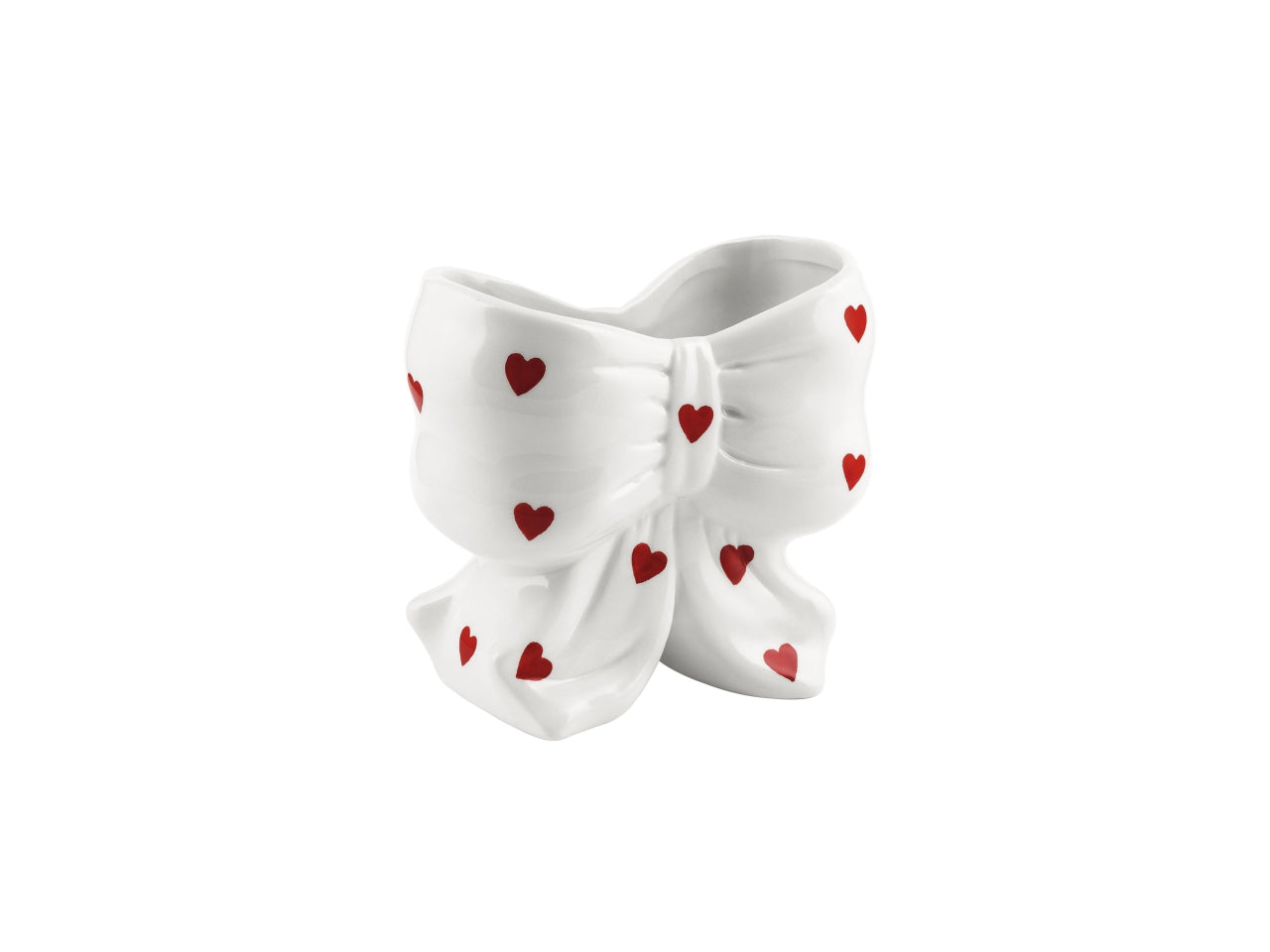 Vaso fiocco in ceramica con cuori, bianco, 7,5x13,5xh.12cm, interno 6,2x12xh.6cm