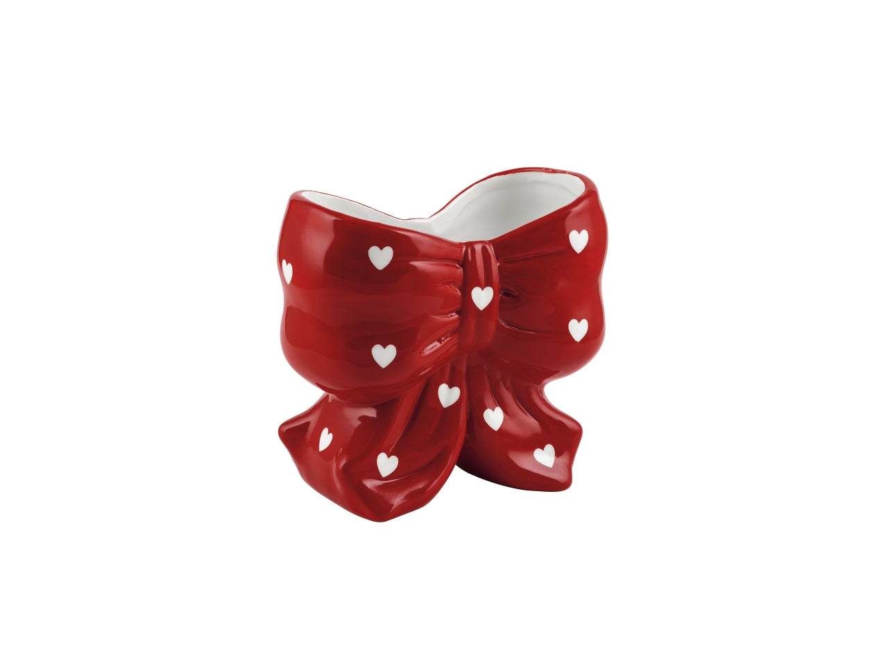 Vaso fiocco in ceramica con cuori, rosso, 7,5x13,5xh.12cm, interno 6,2x12xh.6cm