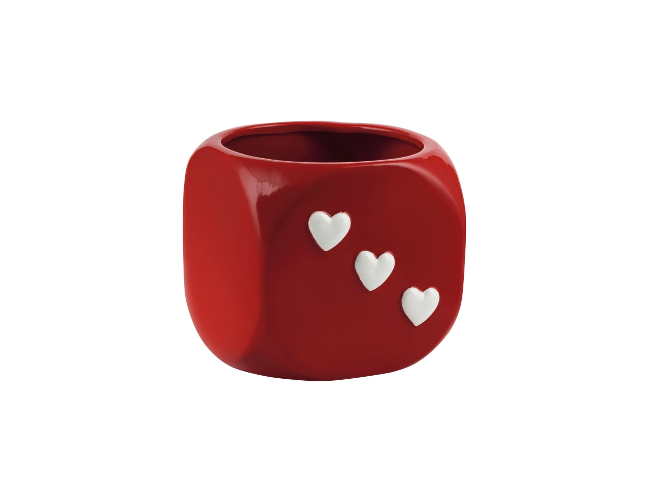 Vaso dado in ceramica con cuori, rosso, 13x12,5xh.13cm, interno 11,5xh.11,5cm