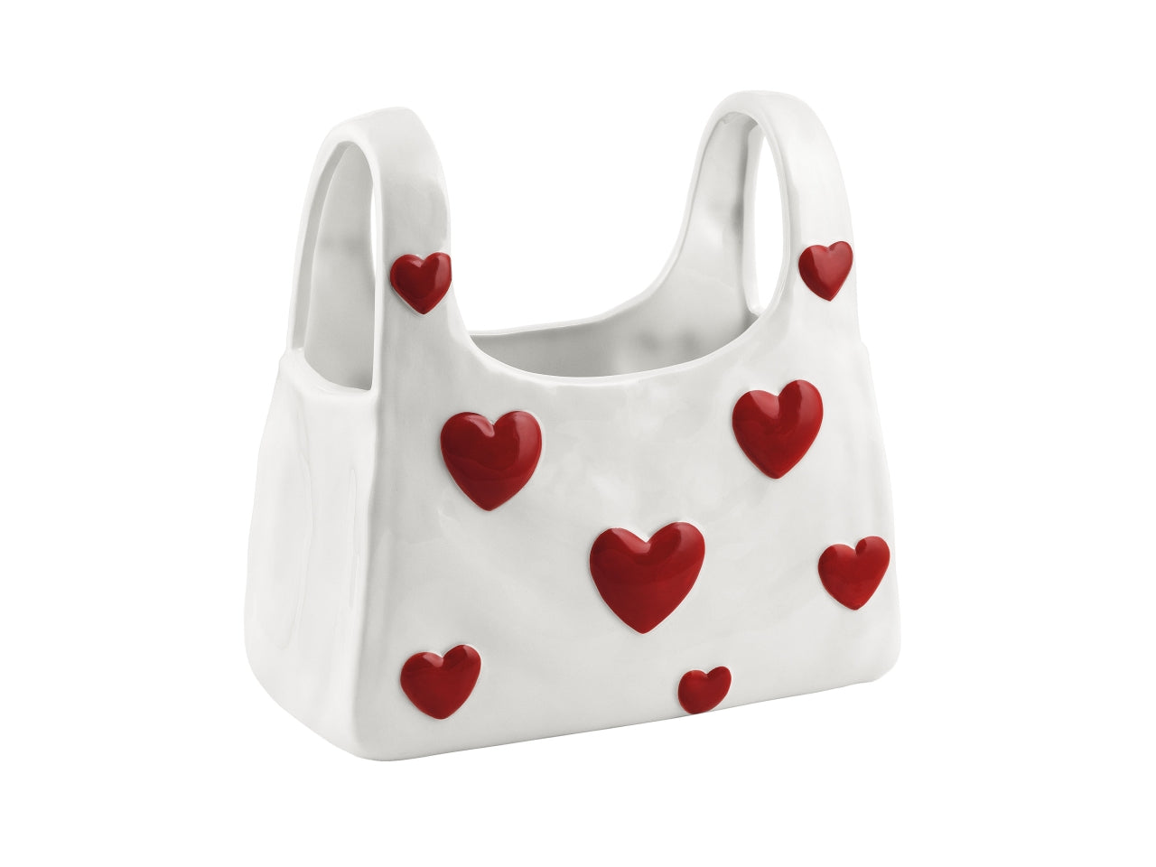Vaso borsetta in ceramica con cuori, bianco, 8,5x19,5xh.20cm, interno 6,5x16,5xh.10,5cm