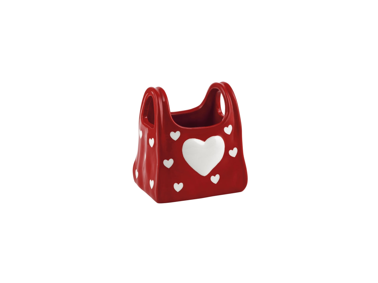 Vaso borsetta in ceramica con cuori, rosso, 7,3x9,5xh.10,7cm, interno 5x7,5xh.6cm