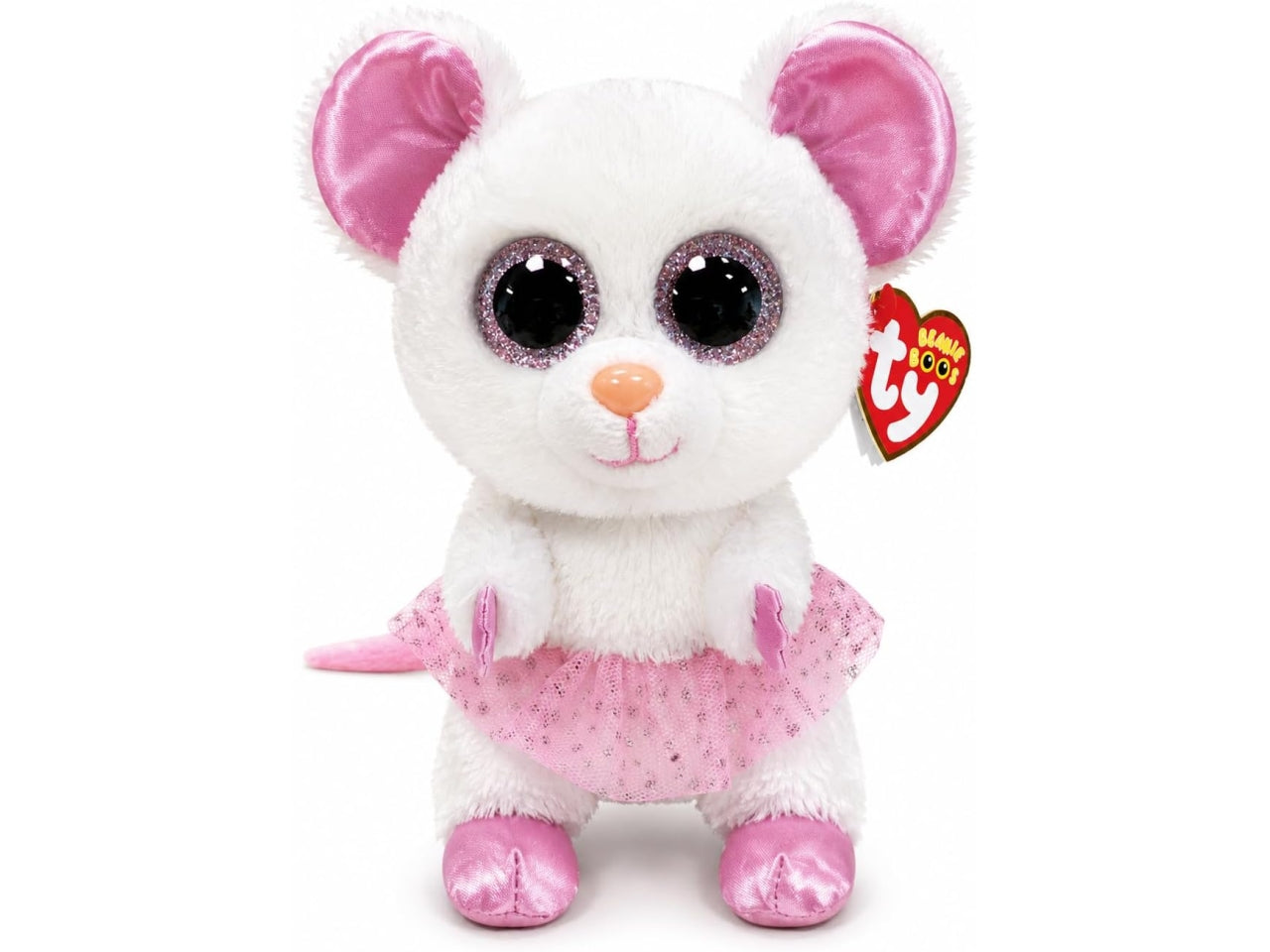 Peluche Ty Beanie Boos Nina Topolina Ballerina con occhioni zampine orecchie e tutÃ¹ rosa glitterati bianco 15 cm