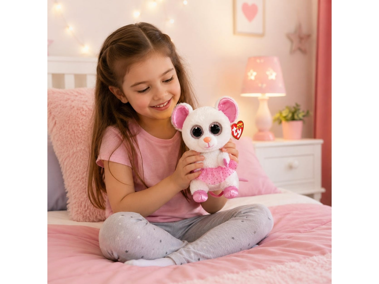 Peluche Ty Beanie Boos Nina Topolina Ballerina con occhioni zampine orecchie e tutÃ¹ rosa glitterati bianco 15 cm