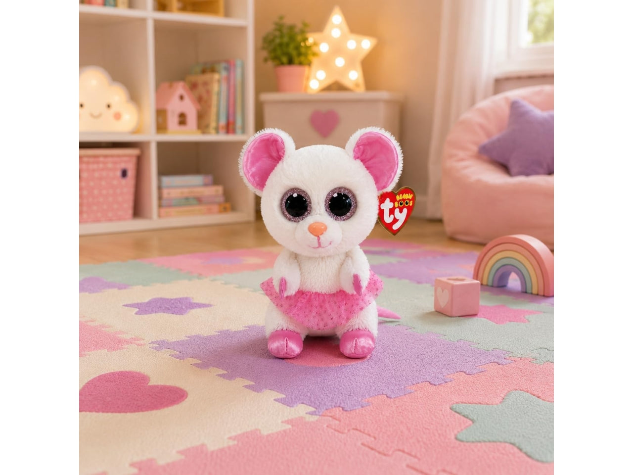 Peluche Ty Beanie Boos Nina Topolina Ballerina con occhioni zampine orecchie e tutÃ¹ rosa glitterati bianco 15 cm