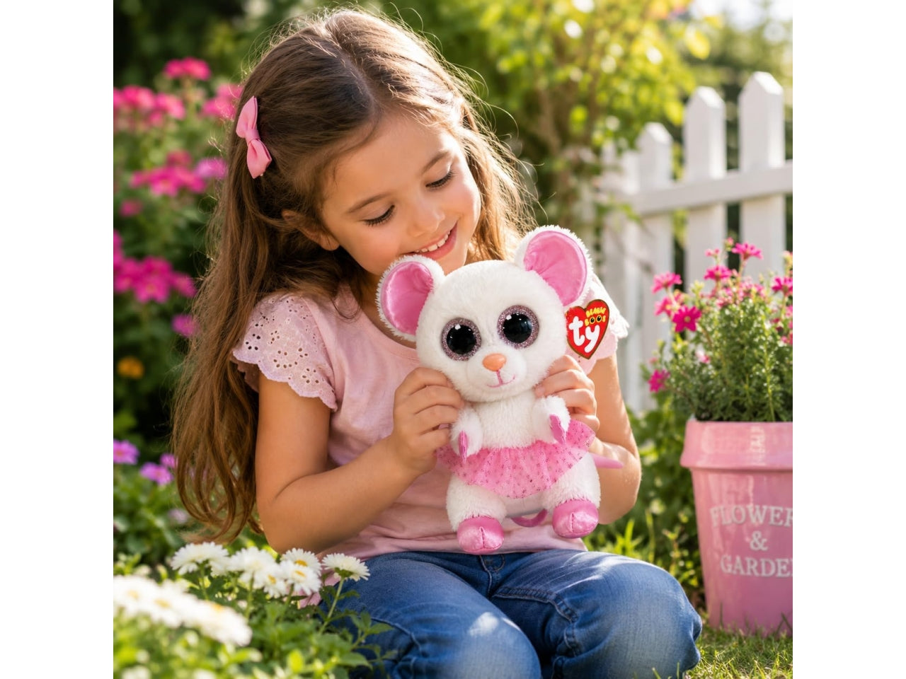Peluche Ty Beanie Boos Nina Topolina Ballerina con occhioni zampine orecchie e tutÃ¹ rosa glitterati bianco 15 cm
