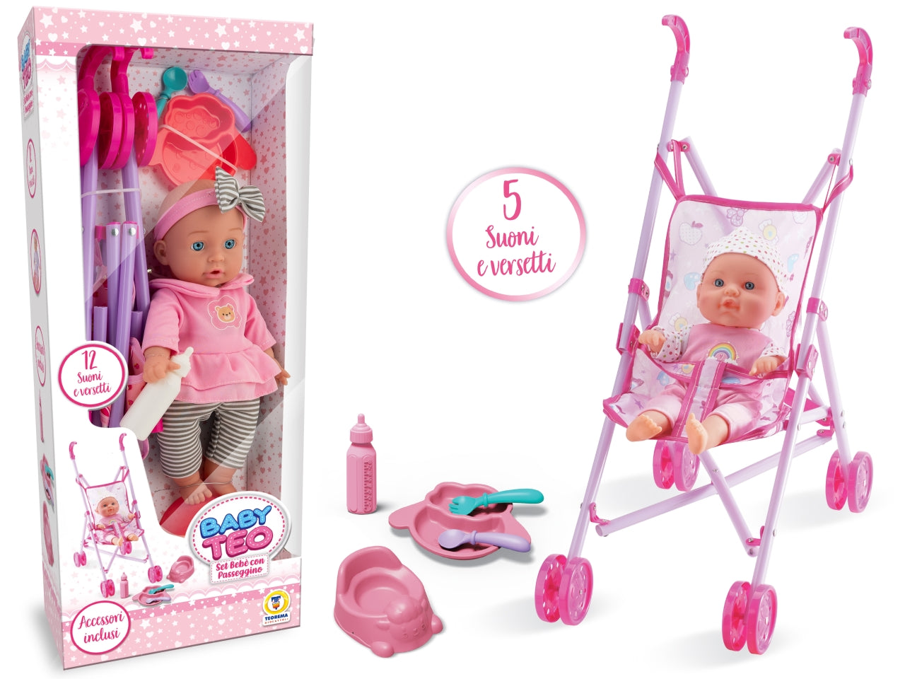 Baby teo - set bebe' con passeggino e accessori  con voce