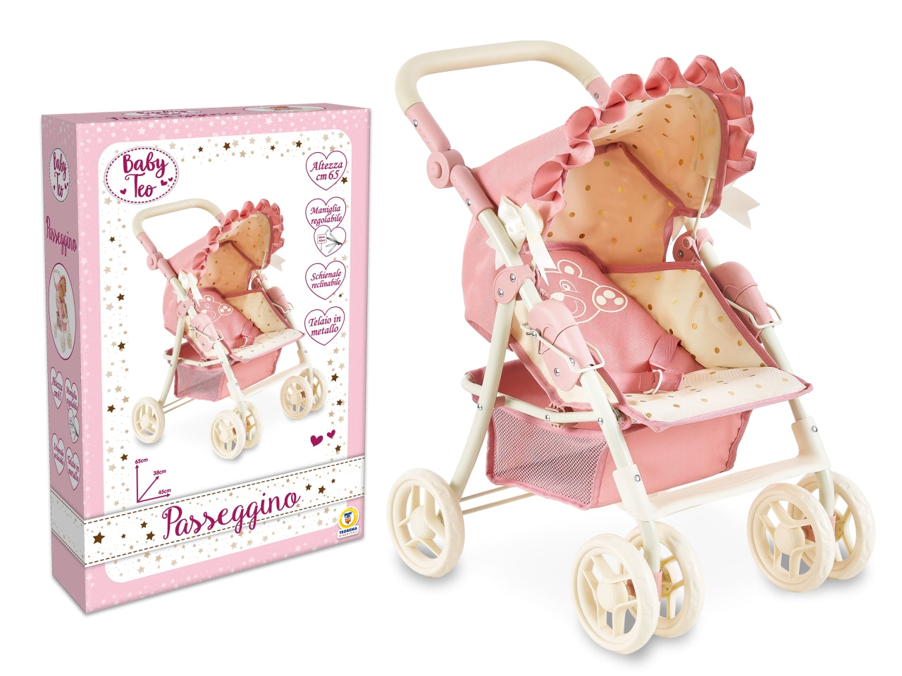 Passeggino orsetto in metallo schienale reg. h. 65 cm rosa/beige