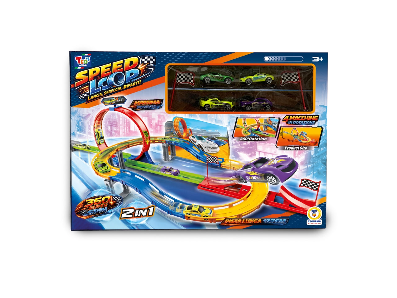 Teo's - pista racing cars c/giro 360Â° contiene  4 macchinine