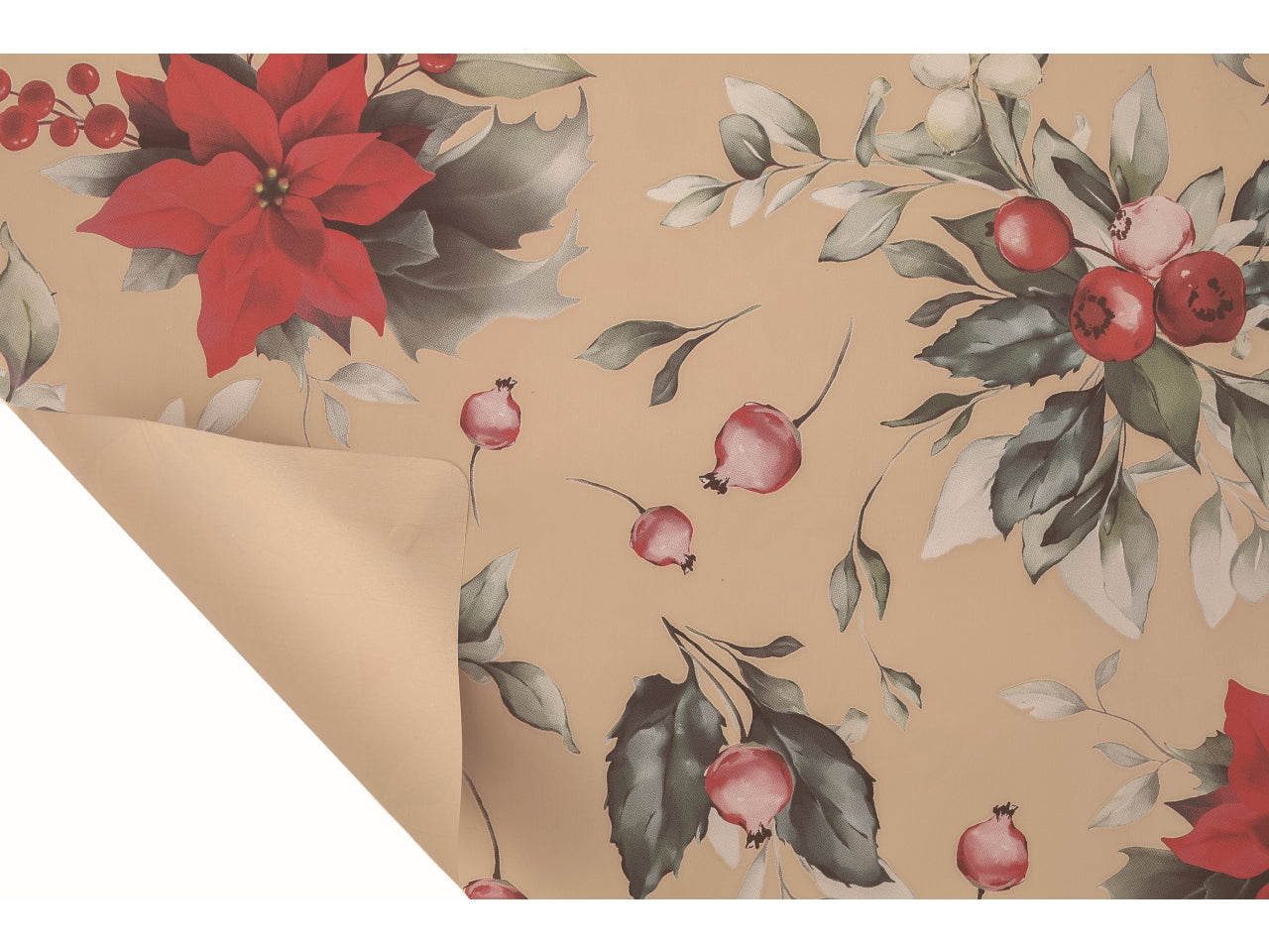 Bobina Xmas Flower 40my 1x25mt double face fantasia natalizia e fondo pieno tortora