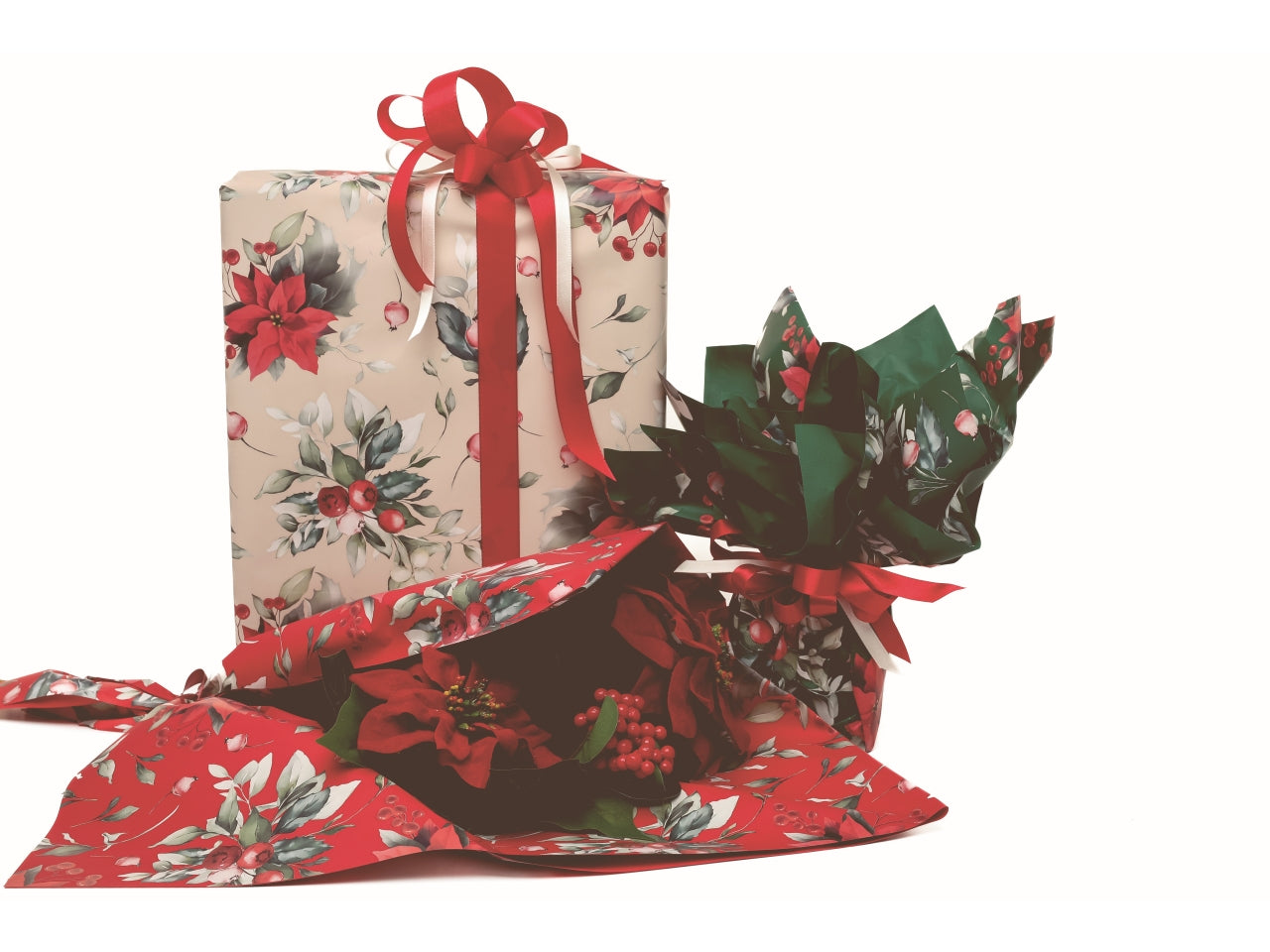 Bobina Xmas Flower 40my 1x25mt double face fantasia natalizia e fondo pieno tortora