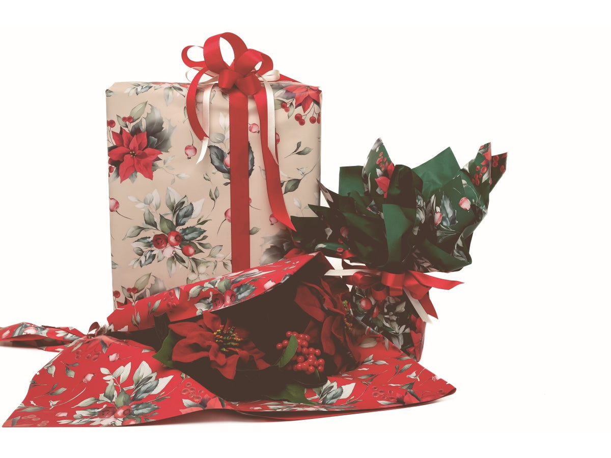 Bobina Xmas Flower 40my 1x25mt double face fantasia natalizia e fondo pieno tortora