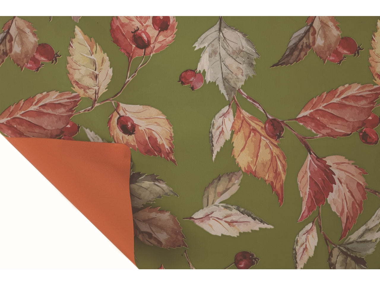 Bobina Fogliage 40my 1x25mt double face fantasia foglie verde oliva e fondo pieno arancio