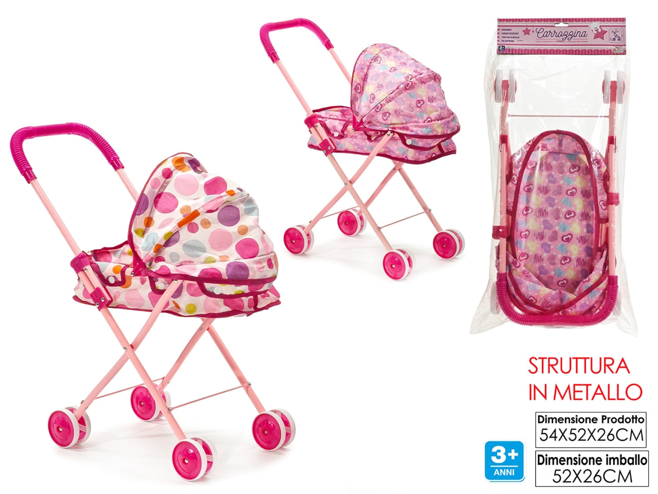 Carrozzina richiudibile rosa in 2 fantasie assortite