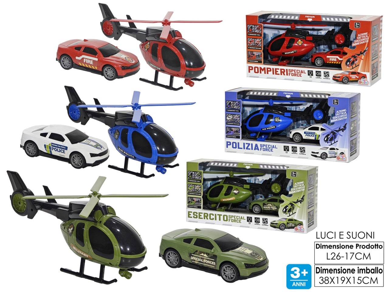 Set auto+elicottero a batteria con luci e suoni in colori assortiti