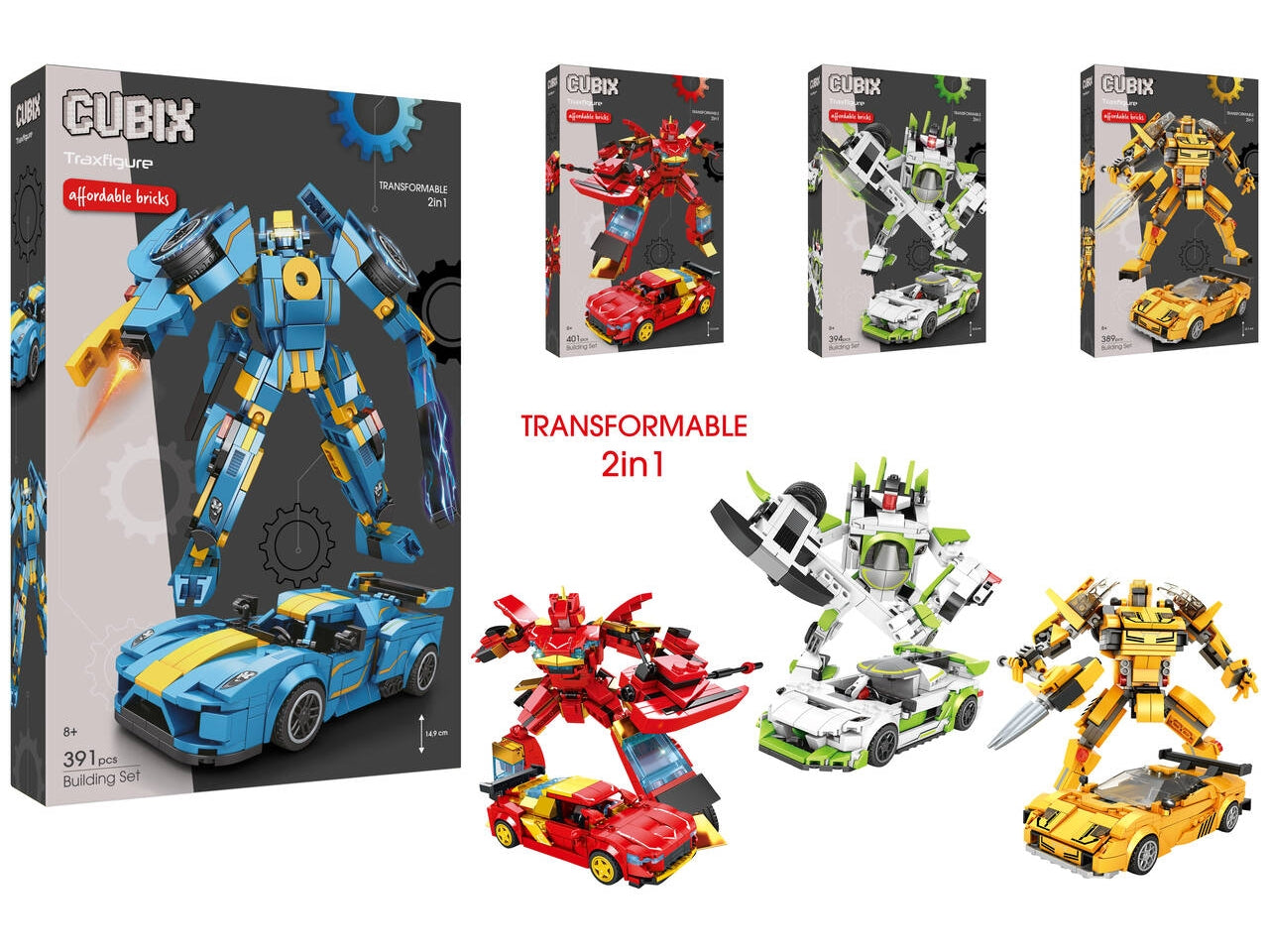 Cubix traxfigure robot/auto 2in 1 338-350 pezzi, 4 assortimenti